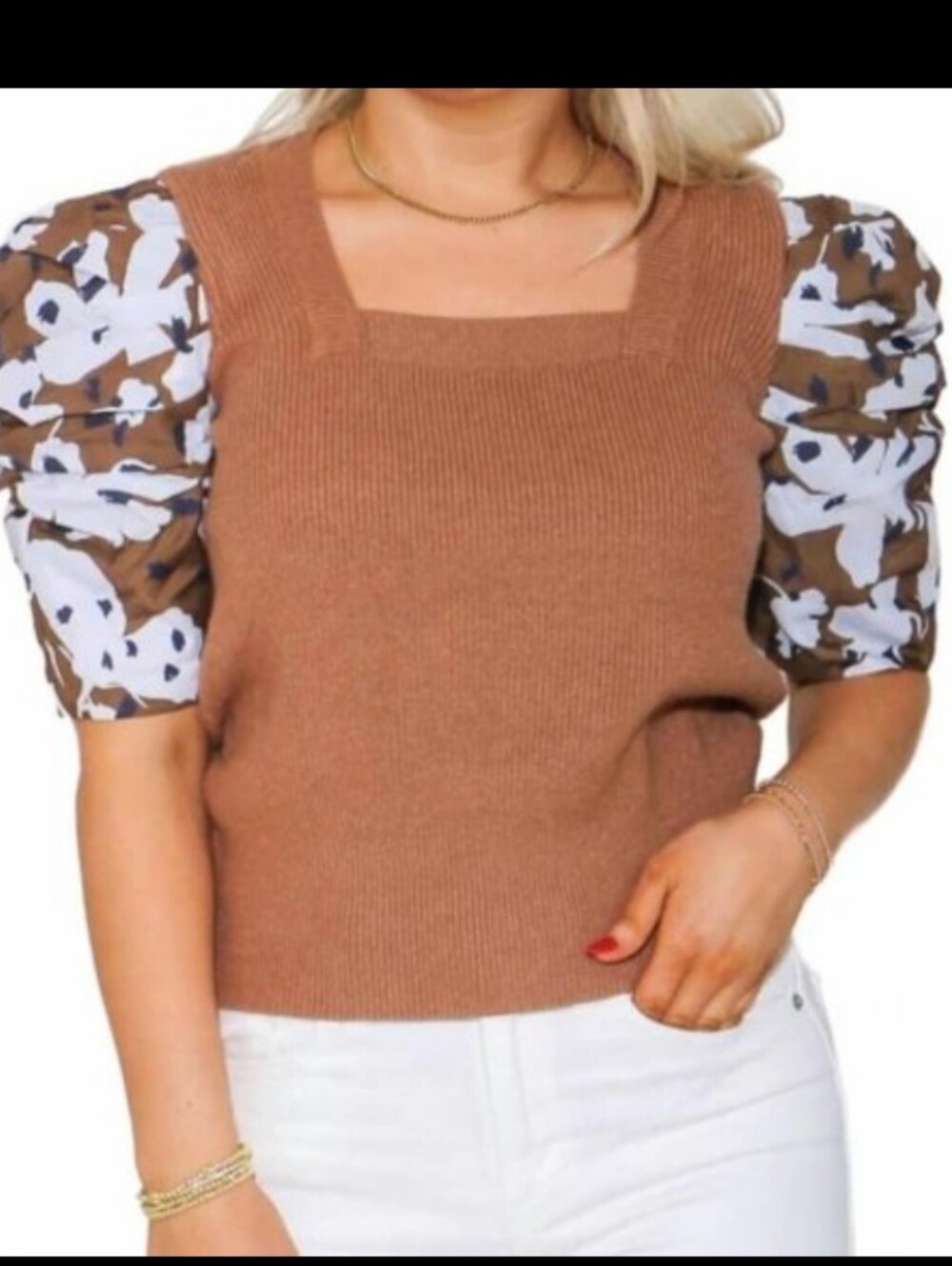 THML Brown Ribbed Knit Top with Ruched Puff Print Sleeves Medium